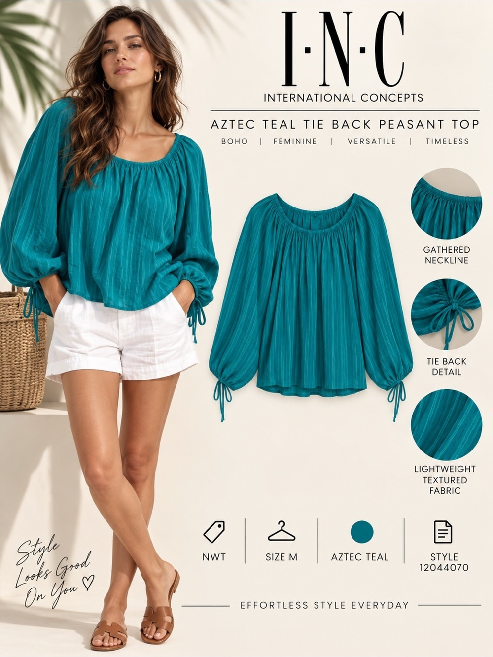 INC International Concepts Aztec Teal Tie Back Peasant Top Size M NWT